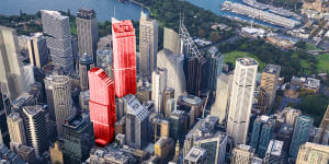 The two proposed skyscrapers,in red,above the metro train station will be up to 58 storeys high.