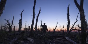 Ukrainian servicemen walk through a charred forest at the frontline a few kilometres from Andriivka,Donetsk region,Ukraine,on September 16. Other photographs of the area show it littered with Russian soldier corpses 