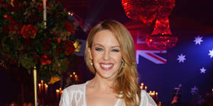 Kylie Minogue in J'Aton Couture at the 2015 Qantas Australia Day Gala Dinner in London.