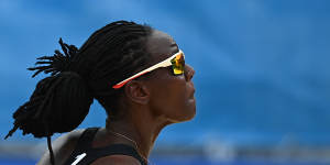 Gaudencia Makokha of Kenya dives for the ball in the Olympic beach volleyball competition. Broadcasters are employing improved protocols for coverage of women at the Games.