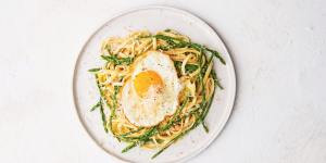 Asparagus,fried egg,brown butter,walnut from Elizabeth Hewson's new cookbook.