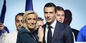 Leader of the French far-right National Rally Marine Le Pen (left) and the party’s lead candidate for the European elections Jordan Bardella.