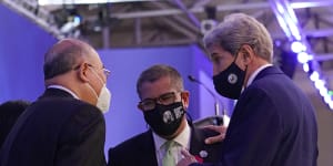 China’s chief negotiator Xie Zhenhua,left,talks with UN climate summit president Alok Sharma,and John Kerry,US Special Presidential Envoy for Climate in November 2021. China has now suspended bilateral climate talks with the US. 