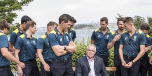 Prime Minister Scott Morrison joins the Australian cricket team at Kirribilli House before the Sydney Test against the New Zealand side. 