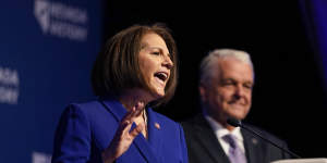 Catherine Cortez Masto speaks alongside Nevada Governor Steve Sisolak during an election night party hosted by the Nevada Democratic Party.