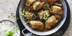 Steamed chicken with shiitake mushrooms and Chinese sausage.