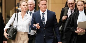 Craig McLachlan arrives at the Supreme Court on Monday with his wife Vanessa Scammell.