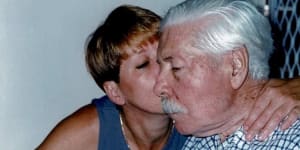 Jacoby with her dad,Phillip,in 1994,during his struggle with Alzheimer’s:“You can’t really see it in the pic,but my eyes are shut,hiding the tears.”