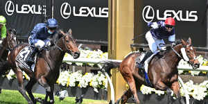 Kerrin McEvoy (left) broke the whip rules in the 2020 Melbourne Cup when second on Tiger Moth.