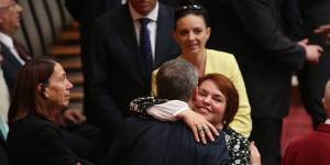 Kitching celebrates her maiden Senate speech with Bill Shorten.