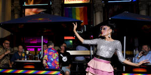 Drag performer Lada Marks outside the iconic Stonewall Hotel on Oxford Street,Sydney.