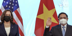 US Vice-President Kamala Harris meets Vietnam’s Prime Minister Pham Minh Chinh during a meeting in Hanoi on Wednesday.