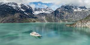 Silversea expedition ship in Kangerlussuatsiaq Fjord in Greenland.