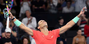 An elated Rafael Nadal celebrates his dominant win over Dominic Thiem.