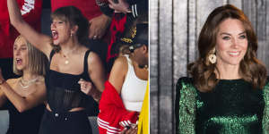Taylor Swift,left,wearing a corset by Dion Lee at the Super Bowl earlier this year,and the Duchess of Cambridge,right,in a dress by The Vampire’s Wife. 