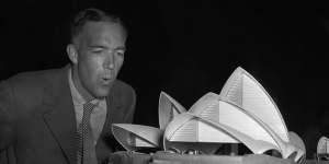 Architect Jørn Utzon,pictured at the unpacking of the Sydney Opera House model at Sydney Town Hall in 1957. 