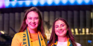 Clare Lawrence,left,and Georgia Rajic before the Matildas game on Monday.