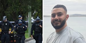 NSW Police search for evidence in Fairfield East where a burnt-out Toyota was found after the murder of John Versace (right) in Condell Park.