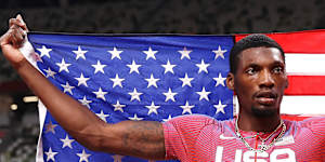Fred Kerley after winning silver in the 100 metres at the 2020 Olympics in Tokyo.