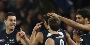 Jack Silvagni and teammates celebrate Carlton’s return to form,which was proven on Saturday by the big win over Port Adelaide.