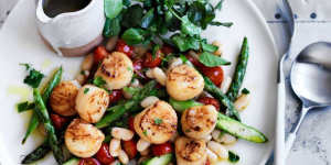 Full of beans:Seared scallops and asparagus with white beans.