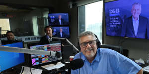 Ray Hadley as he announces his resignation from 2GB with his son Daniel (left) and breakfast presenter Ben Fordham.