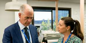 Tony (Rob Sitch) and Katie (Emma Louise Wilson) in series five of Utopia.