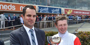 Andrew Forsman with Harry Coffey after Mr Maestro claimed the Neds Classic at Caulfield.