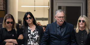 (L-R) Steven Tougher’s wife Madison,sister Jess,father Jeff and mother Jillian leave court on Monday.