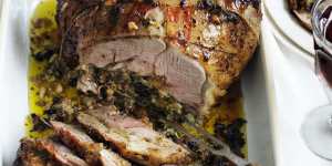 Leg of lamb with herb and pine nut stuffing.