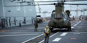 The HMAS Adelaide is carrying CH-47 Chinook heavy-lift helicopters to Tonga to deliver contactless aid supplies to aid the tsunami recovery effort. 