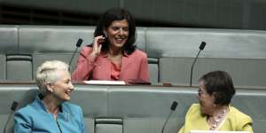 Former Liberal MP Julia Banks (centre) sits on the crossbench on Thursday with Kerryn Phelps (left) and Cathy McGowan (right). 