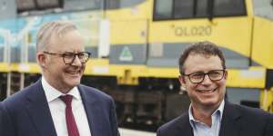 Prime Minister Anthony Albanese opens the interstate rail terminal at Moorebank in early April.