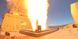 HMAS Sydney fires Royal Australian Navy’s first Standard Missile 6 (SM-6) near Hawaii during Exercise Pacific Dragon 2024. 