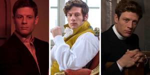 From left:Norton as Alex Goodman in McMafia,as Prince Andrei in War and Peace and as Reverend Sidney Chambers in Grantchester.