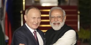 Russian President Vladimir Putin and Indian Prime Minister Narendra Modi,who alone of Quad leaders has not condemned the invasion of Ukraine. 