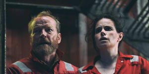 Iain Glen as Magnus and Emily Hampshire as Rose on board the Kinloch Bravo oil rig.