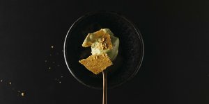 Parsley cream and malted meringue crisp:two components of one of year’s most extraordinary desserts.