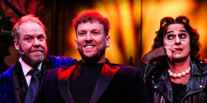 Peter Helliar (left) and Dylan Alcott,who both play the narrator,with Jason Donovan,who plays Frank-N-Furter.
