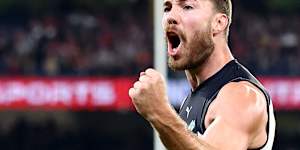 MELBOURNE,AUSTRALIA - MAY 09:Harry McKay of the Blues celebrates kicking a goal during the round nine AFL match between St Kilda Saints and Carlton Blues at Melbourne Cricket Ground,on May 09,2025,in Melbourne,Australia. (Photo by Josh Chadwick/AFL Photos/Getty Images)