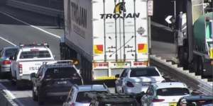 The truck that blocked the Sydney Harbour Tunnel on Wednesday afternoon.