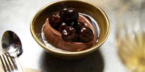 Chocolate sorbet with brandied cherries.