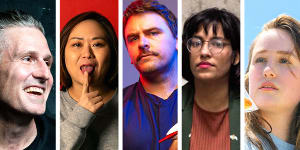 Melbourne International Comedy Festival 2023. L-R:Wil Anderson,He Huang,Scott Limbrick,Guneet Kaur,Grace Jarvis
