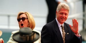 President Clinton and Hillary Clinton leave the stage at Mrs Macquarie's Chair,November 1996.