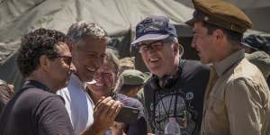 Directors Grant Heslov,George Clooney,Ellen Kuras,star Christopher Abbott with Davies on set.