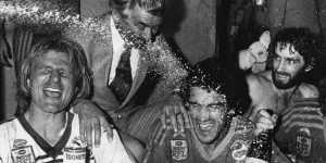Peter Sterling,David Liddiard,Steve Edge and Steve Ella celebrate after the 1983 grand final with then-prime minister Bob Hawke.