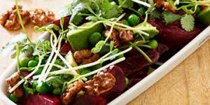 Beetroot and avocado salad with miso dressing and walnut brittle.