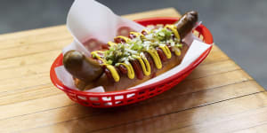 The foot-long gutter dog with mustard and sweet-sour relish.