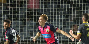 Matthew Hatch celebrates his goal - the fastest debut goal in A-League history - on Monday night.
