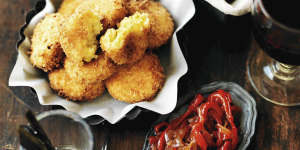Tear off small cherry-tomato-sized pieces of the fritter mix and deep fry them to create rustic-looking mini fritters.